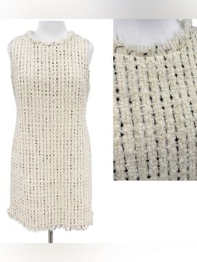 Alice + Olivia Tweed Silk Shift Dress Sleeveless Cream White Fringe Size Large